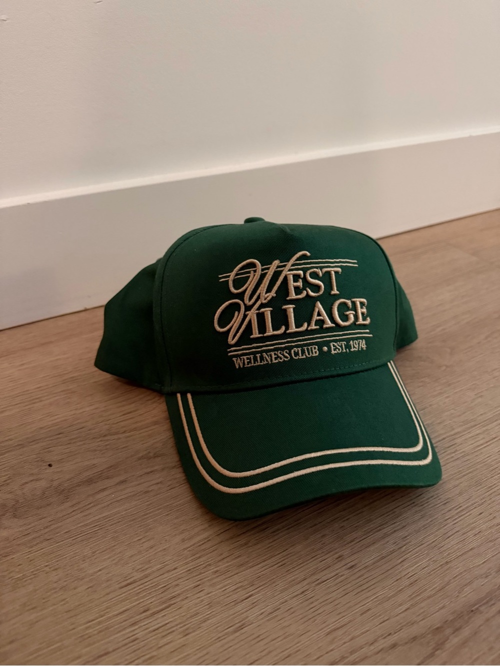 Anthropologie Forest Green Baseball Cap with Cream Embroidery